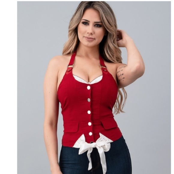 Tops - Dark Red Cream Bow Built In Bra Halter Top Stretch